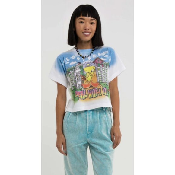 TEDDY FRESH X LOONEY TUNES Airbrushed Tweety Pie Cropped T Shirt 90s - Size XL - Picture 1 of 14